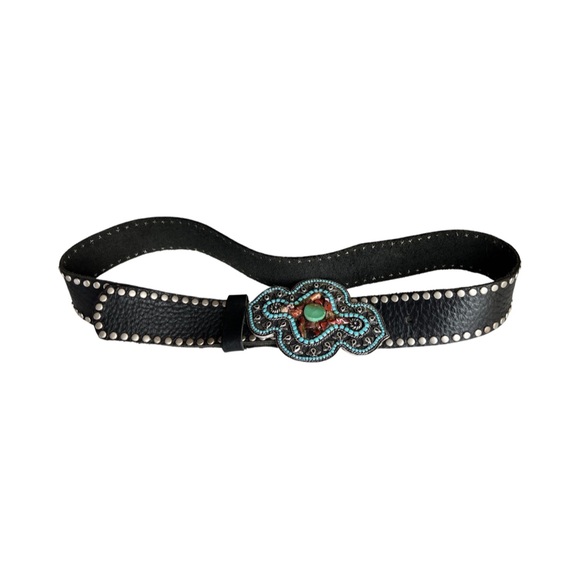 Cache bejeweled buckle, cowgirl belt, black leather studded, sz S, EUC vintage - Picture 3 of 13